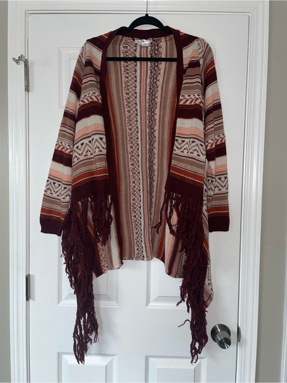 Striped Fringe Open-Front Cardigan in Rust, Cream & Brown